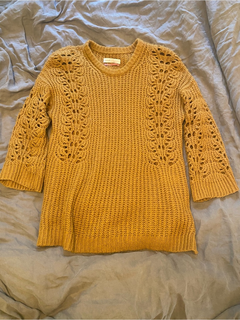Anthropologie Pilcro Devenne Pointelle Pullover Sweater in Mustard Yellow
